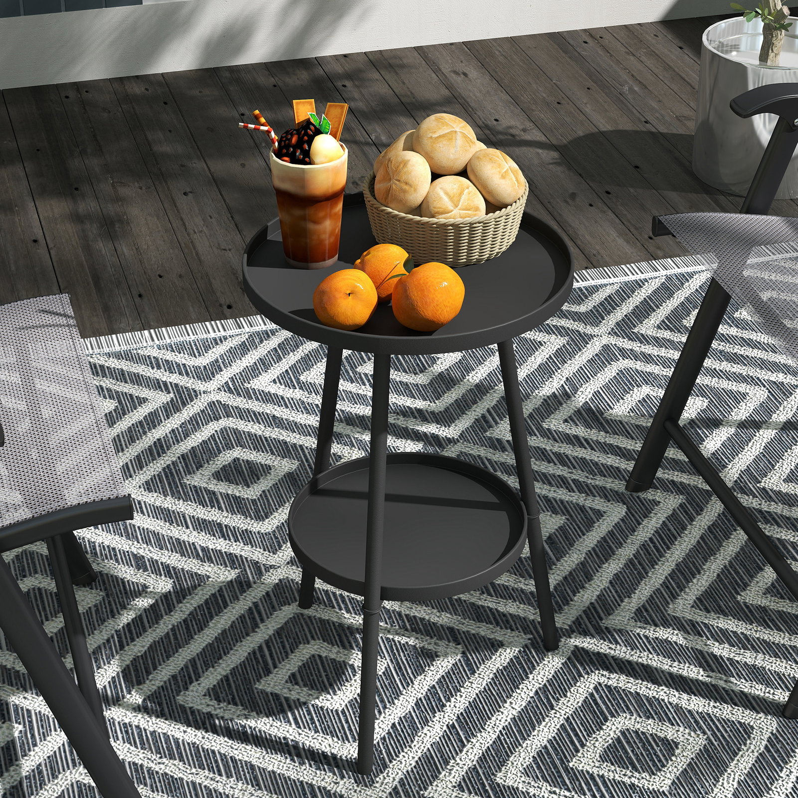 Mesa de jardim redonda de 2 níveis mesa de exterior ø32x51 cm com bandeja inferior e estrutura de metal preto