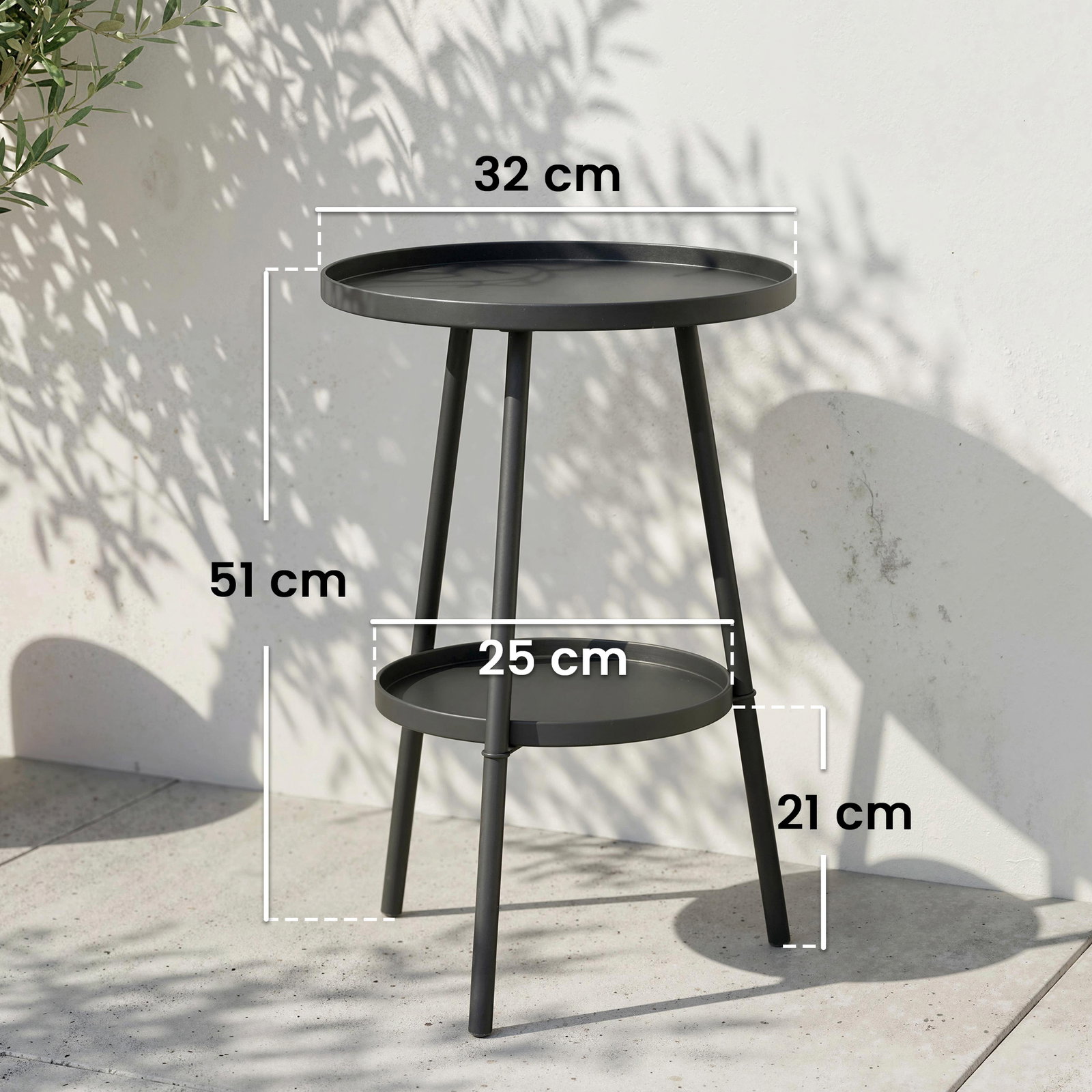 Mesa de jardim redonda de 2 níveis mesa de exterior ø32x51 cm com bandeja inferior e estrutura de metal preto