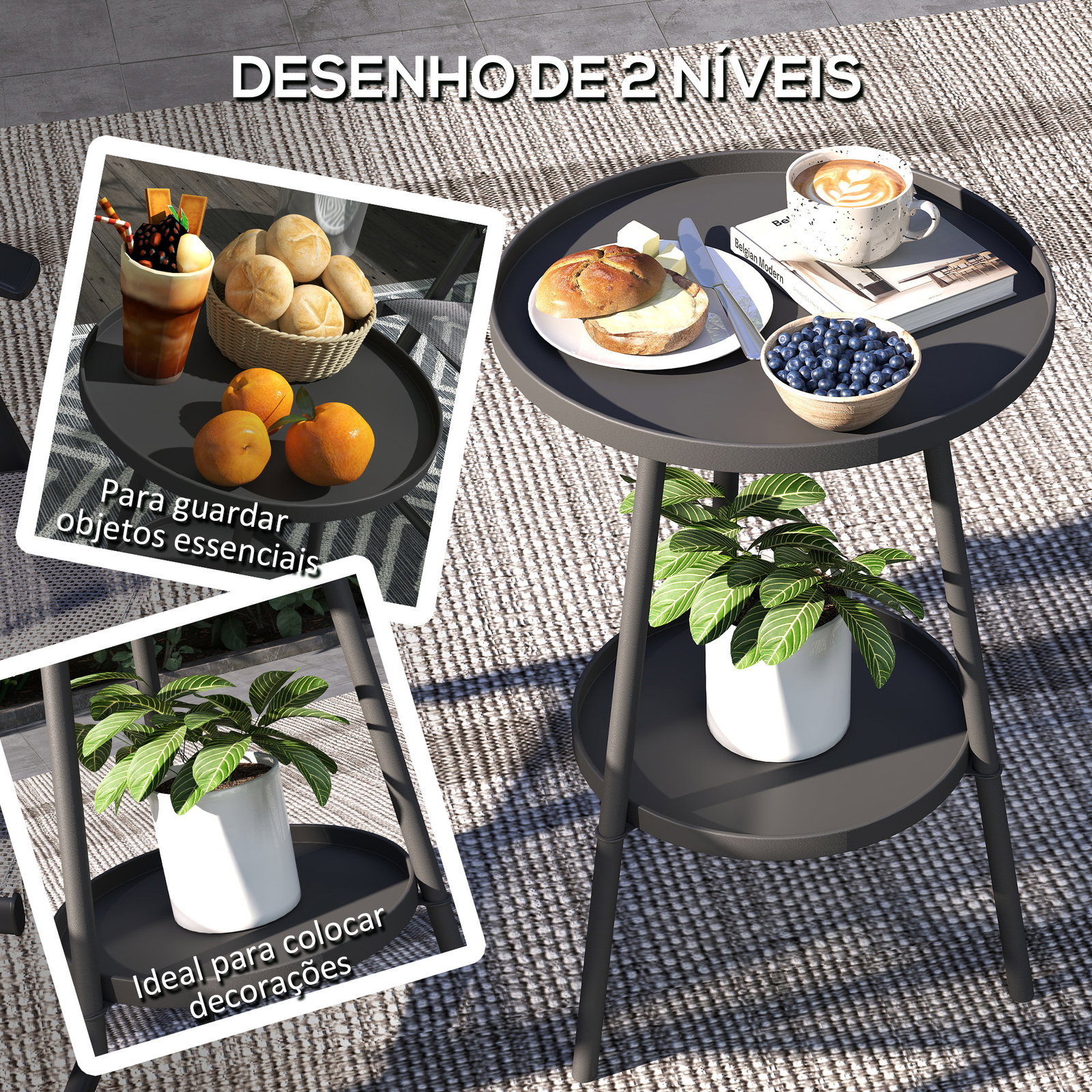 Mesa de jardim redonda de 2 níveis mesa de exterior ø32x51 cm com bandeja inferior e estrutura de metal preto