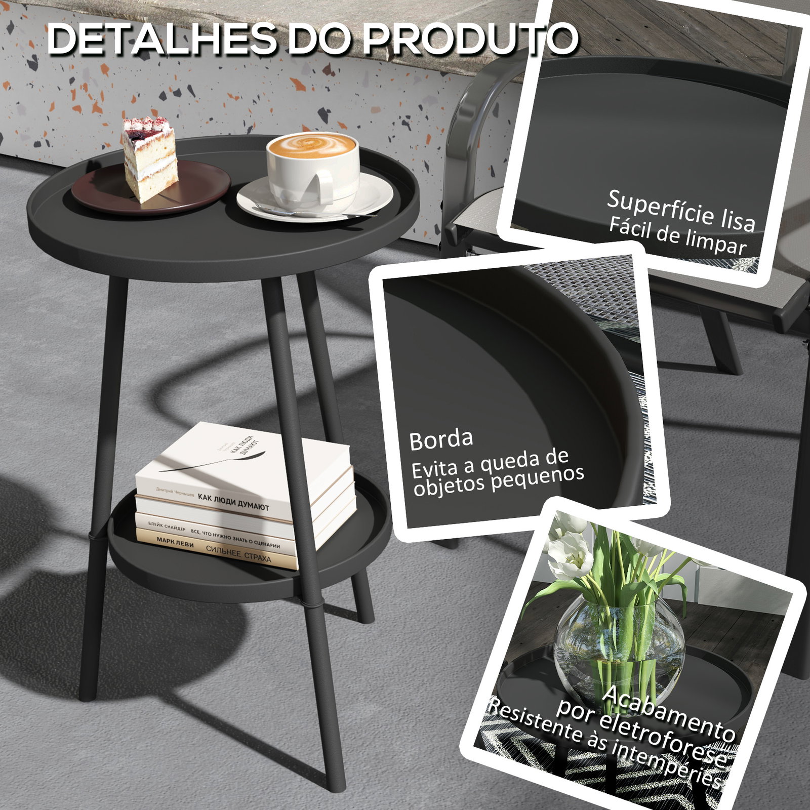 Mesa de jardim redonda de 2 níveis mesa de exterior ø32x51 cm com bandeja inferior e estrutura de metal preto