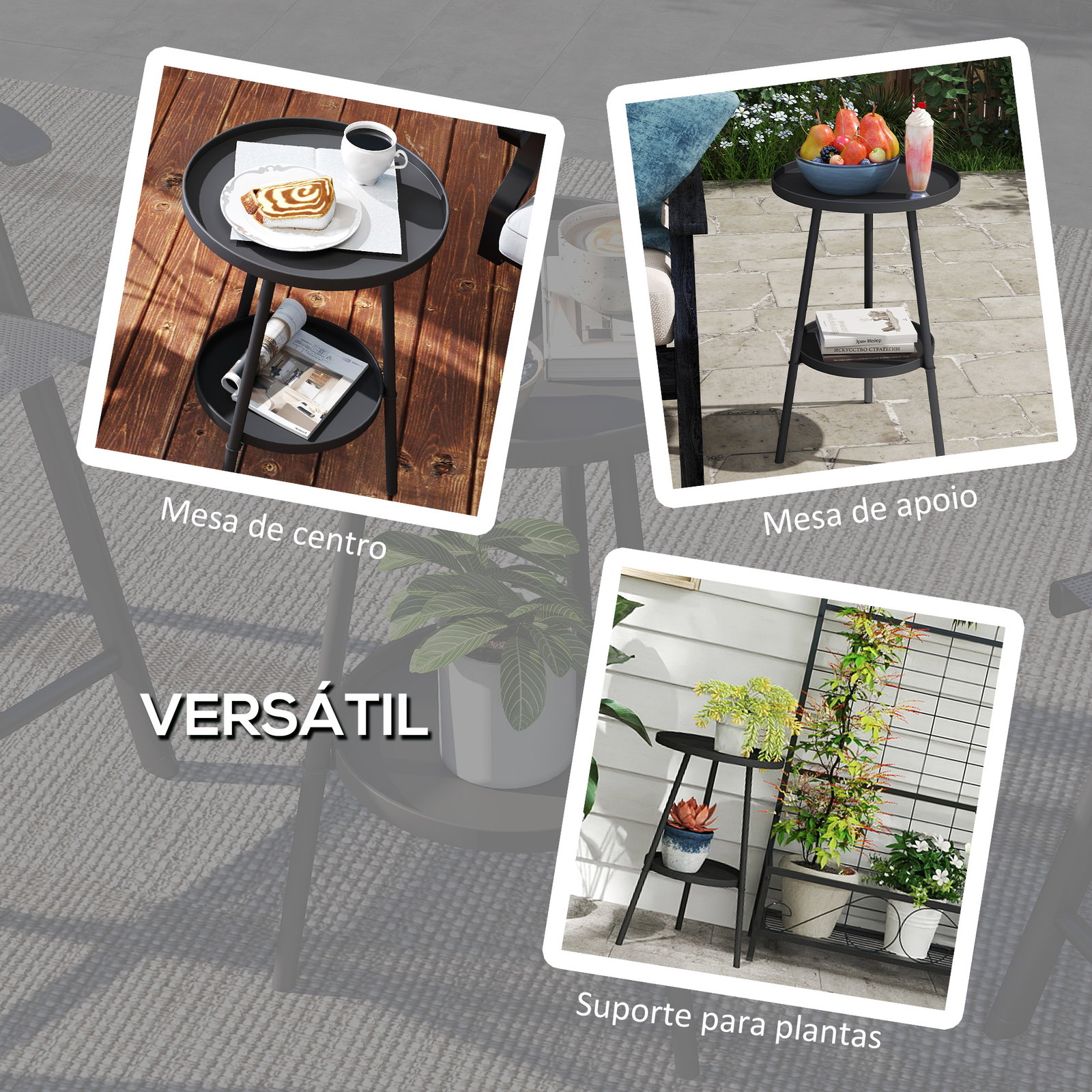 Mesa de jardim redonda de 2 níveis mesa de exterior ø32x51 cm com bandeja inferior e estrutura de metal preto