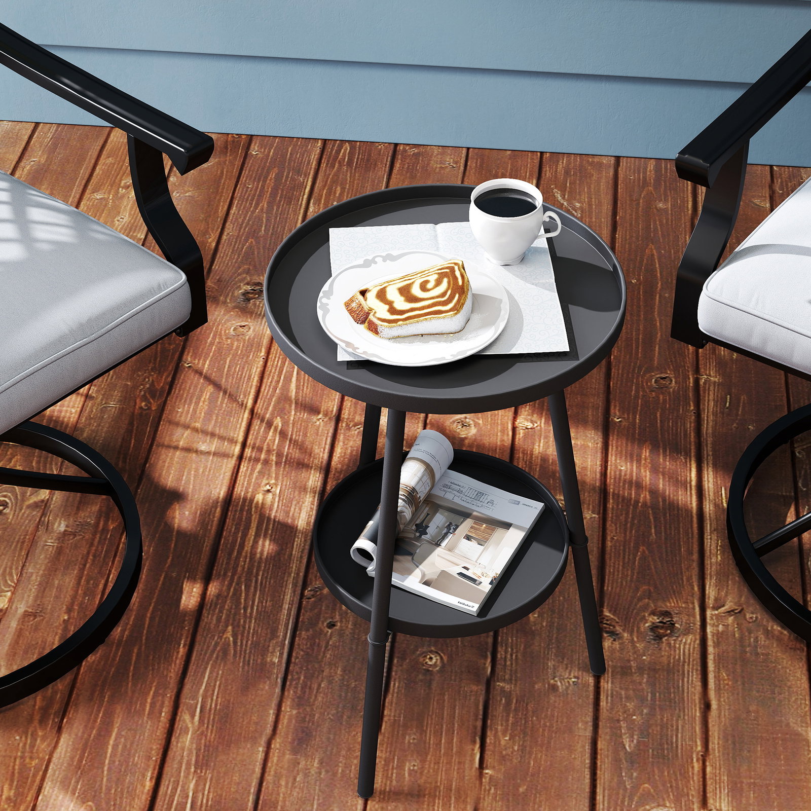 Mesa de jardim redonda de 2 níveis mesa de exterior ø32x51 cm com bandeja inferior e estrutura de metal preto