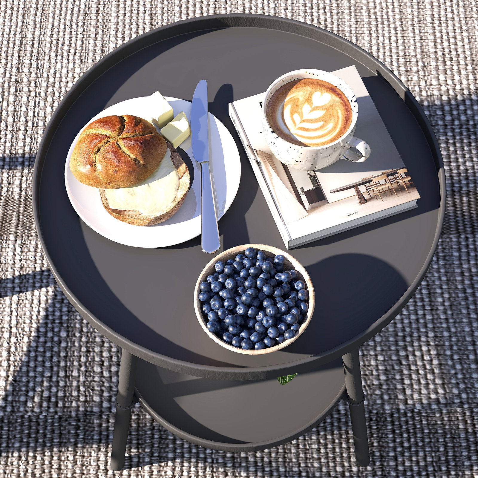 Mesa de jardim redonda de 2 níveis mesa de exterior ø32x51 cm com bandeja inferior e estrutura de metal preto