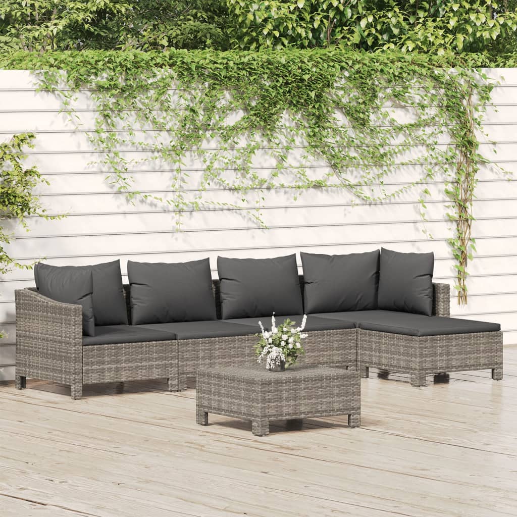 6 Pcs conjunto lounge de jardim c/ almofadões vime PE cinzento