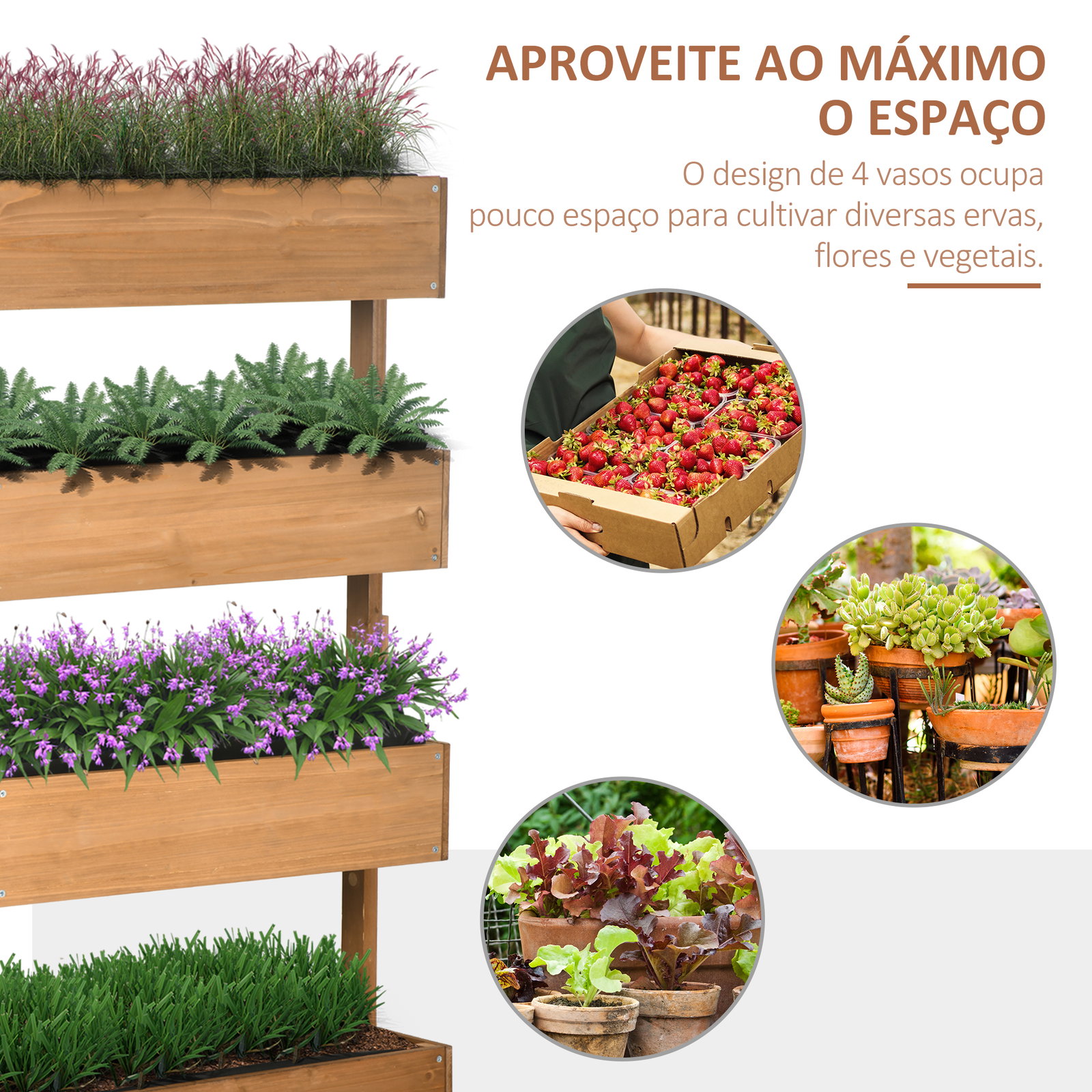 Floreira de madeira de 4 níveis com orifícios de drenagem e tecido não tecido 80x45x142 cm madeira