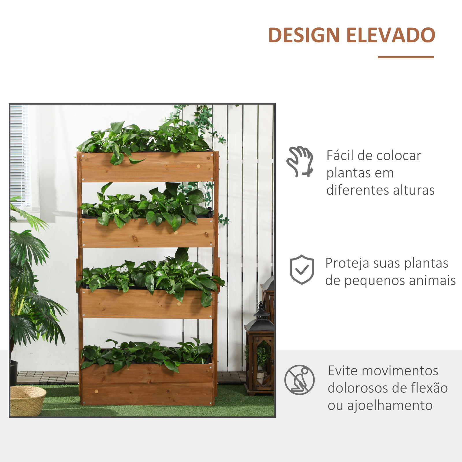 Floreira de madeira de 4 níveis com orifícios de drenagem e tecido não tecido 80x45x142 cm madeira