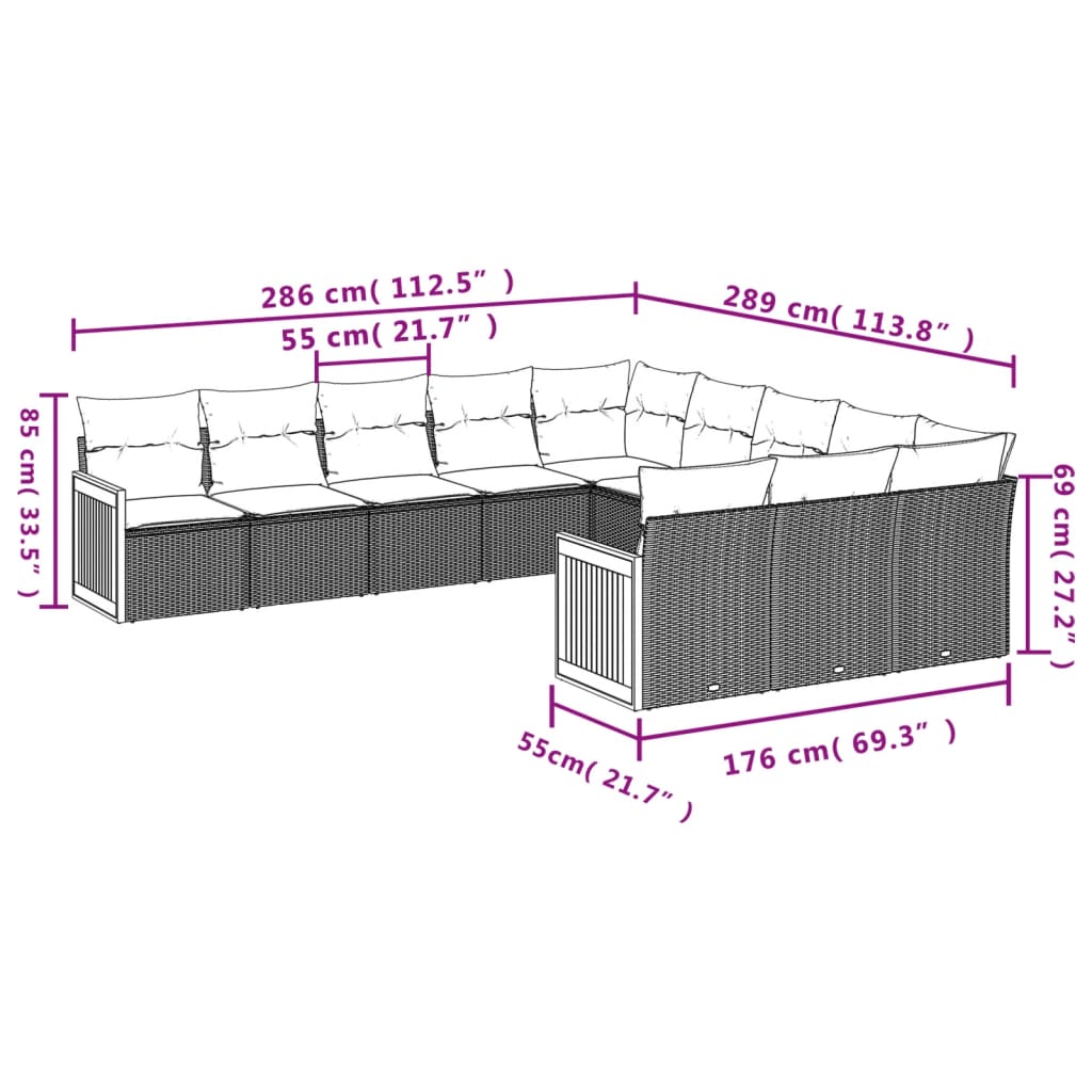 11 Pcs conjunto sofás de jardim c/ almofadões vime PE cinzento