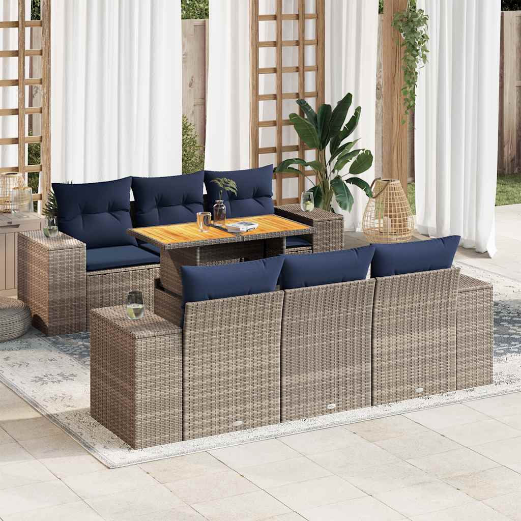 7 Pcs conjunto sofás p/ jardim c/ almofadões vime PE cinzento