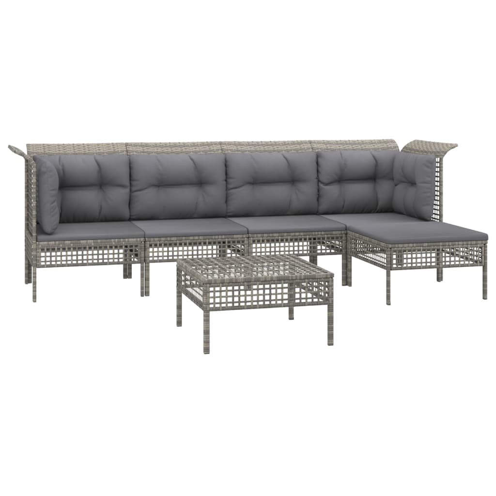 6 Pcs conjunto lounge de jardim c/ almofadões vime PE cinzento
