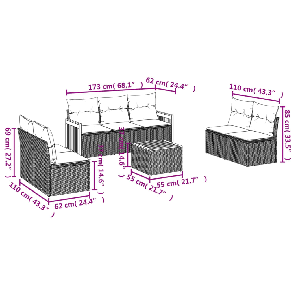 8 Pcs conjunto sofás de jardim c/ almofadões vime PE cinzento