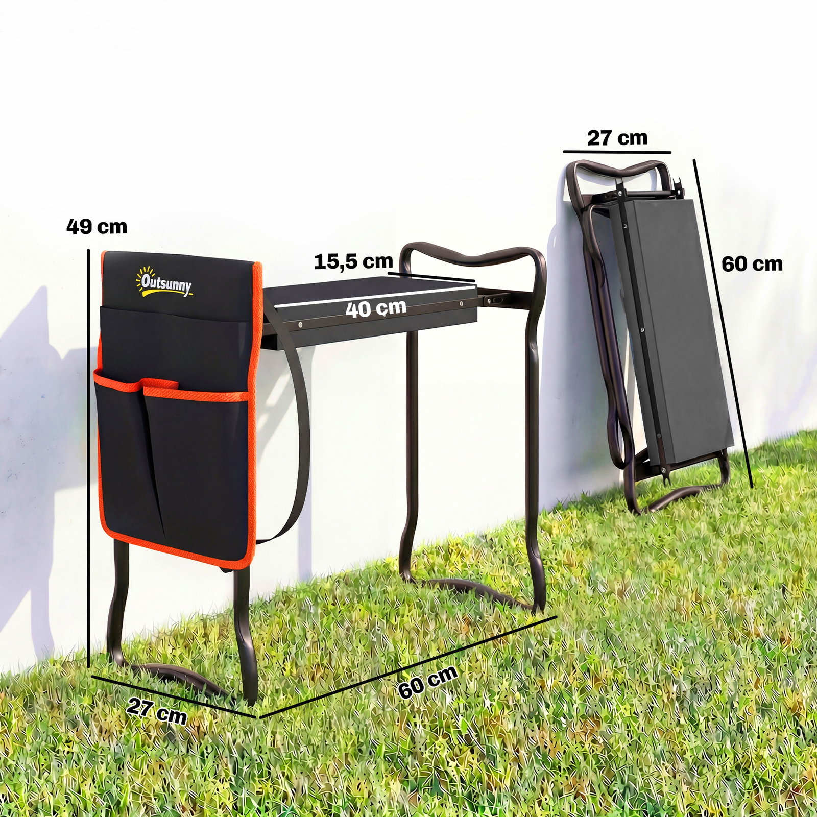 Banco de jardim dobrável com almofada de eva e bolsa para ferramentas na cintura, carga 150 kg