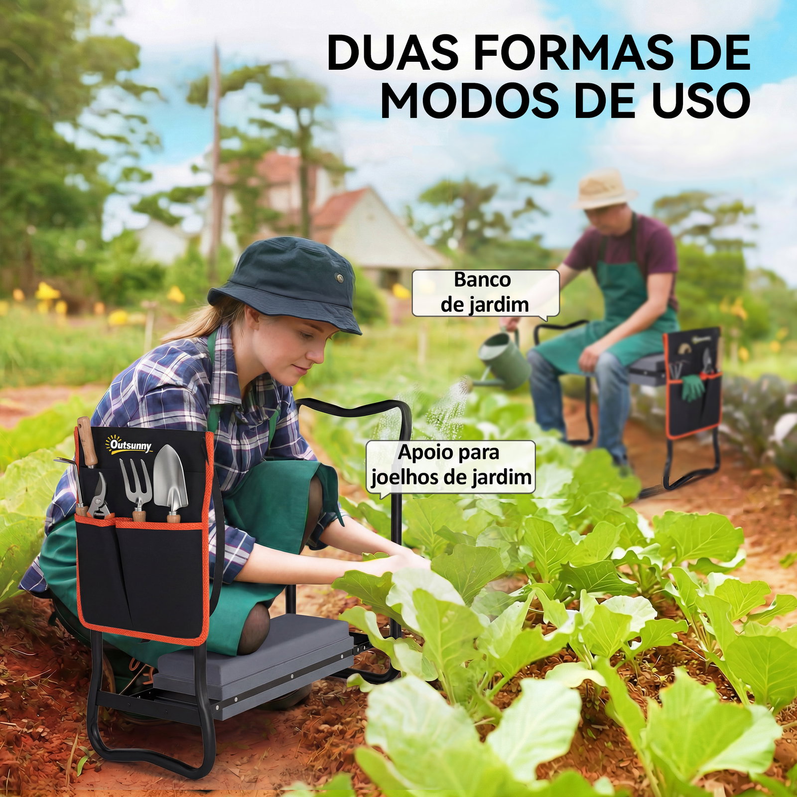 Banco de jardim dobrável com almofada de eva e bolsa para ferramentas na cintura, carga 150 kg