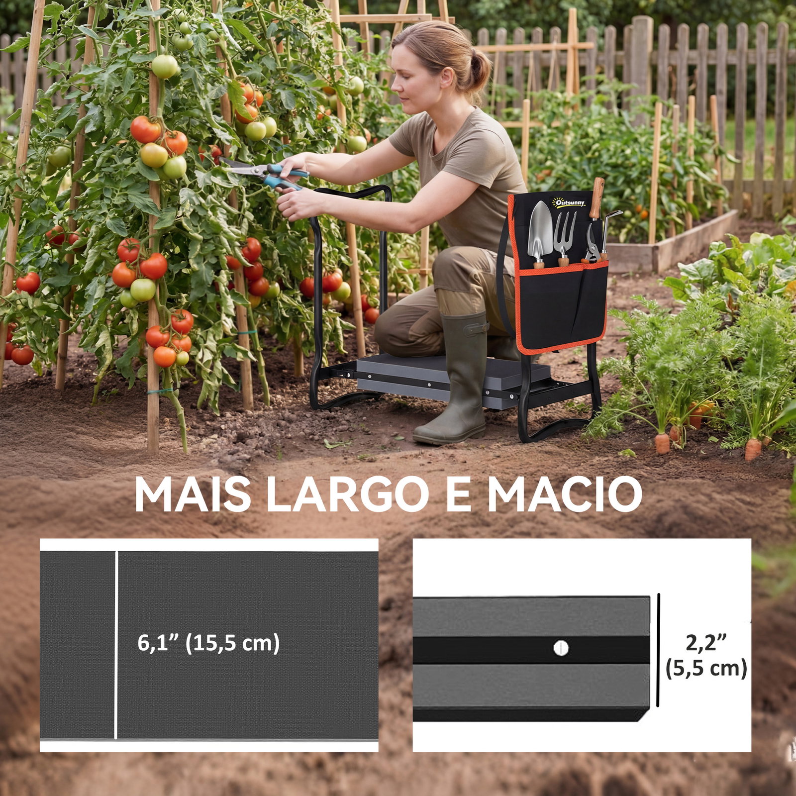 Banco de jardim dobrável com almofada de eva e bolsa para ferramentas na cintura, carga 150 kg