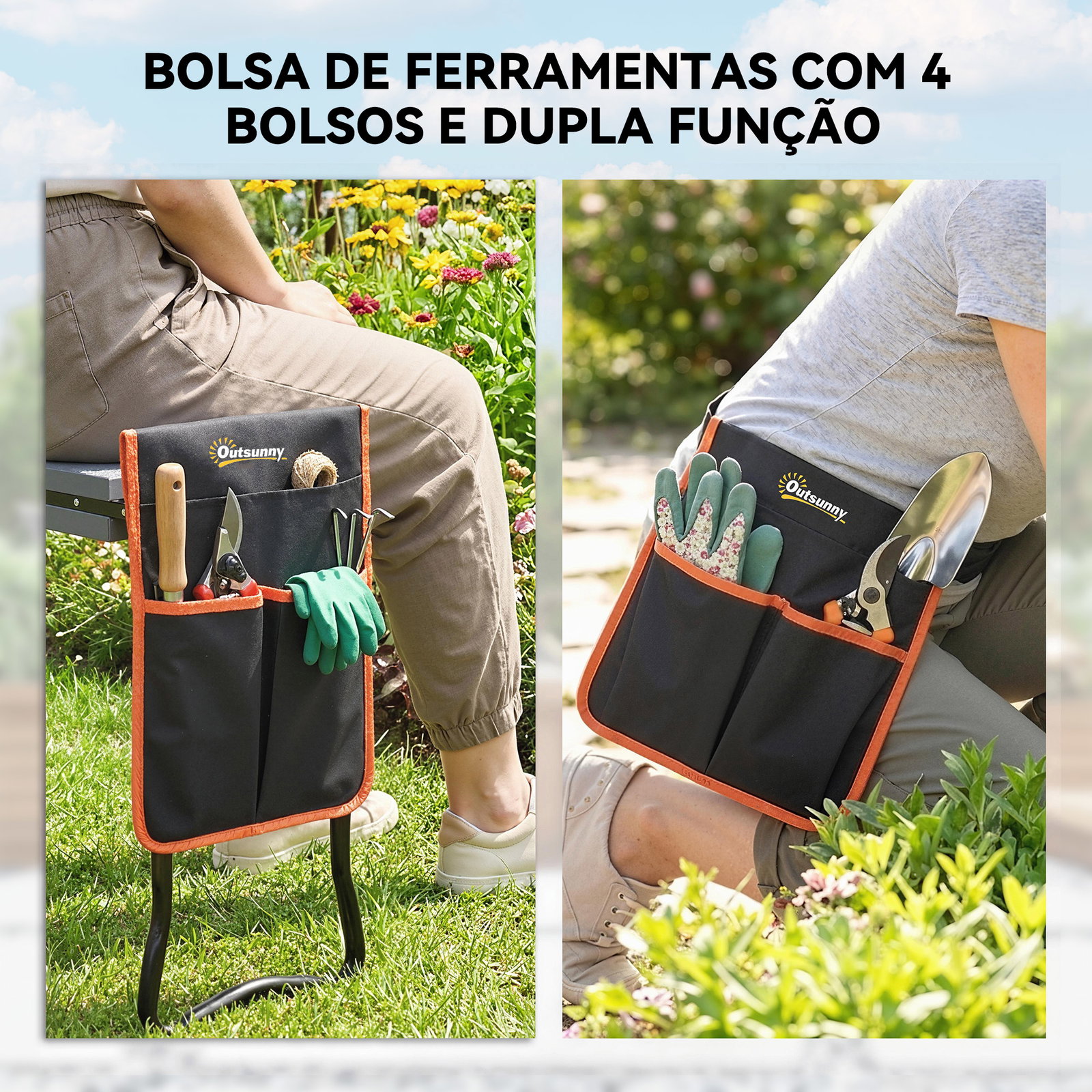 Banco de jardim dobrável com almofada de eva e bolsa para ferramentas na cintura, carga 150 kg