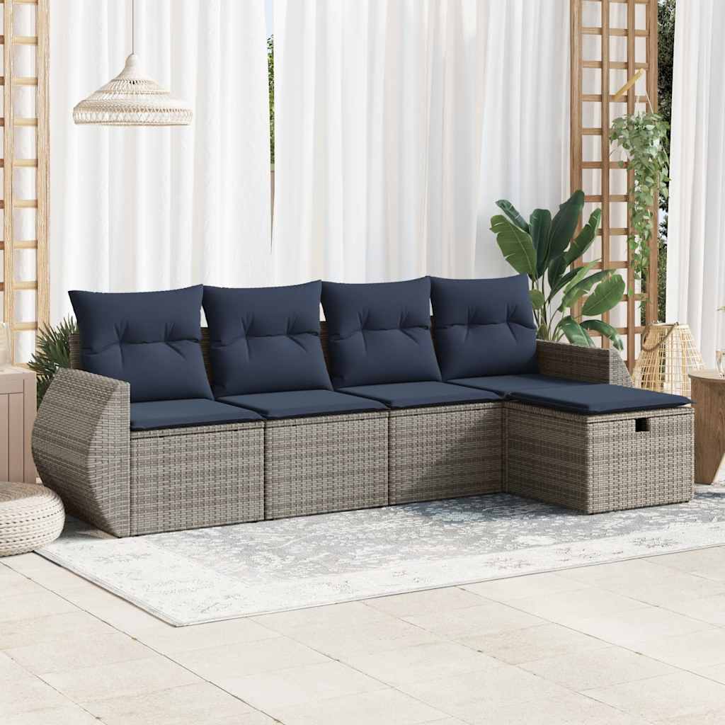 5 Pcs conjunto sofás de jardim c/ almofadões vime PE cinzento
