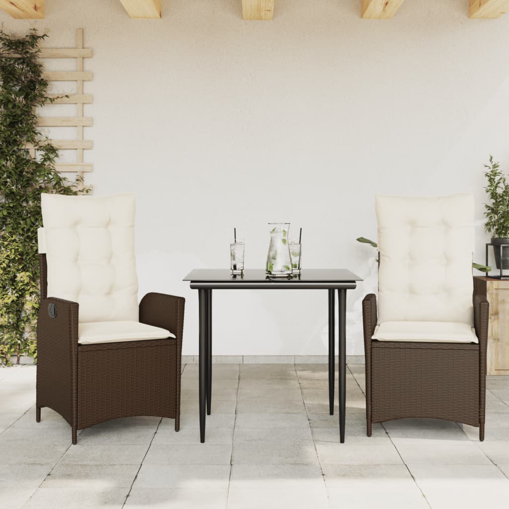 3 Pcs conjunto jantar p/ jardim c/ almofadões vime PE castanho