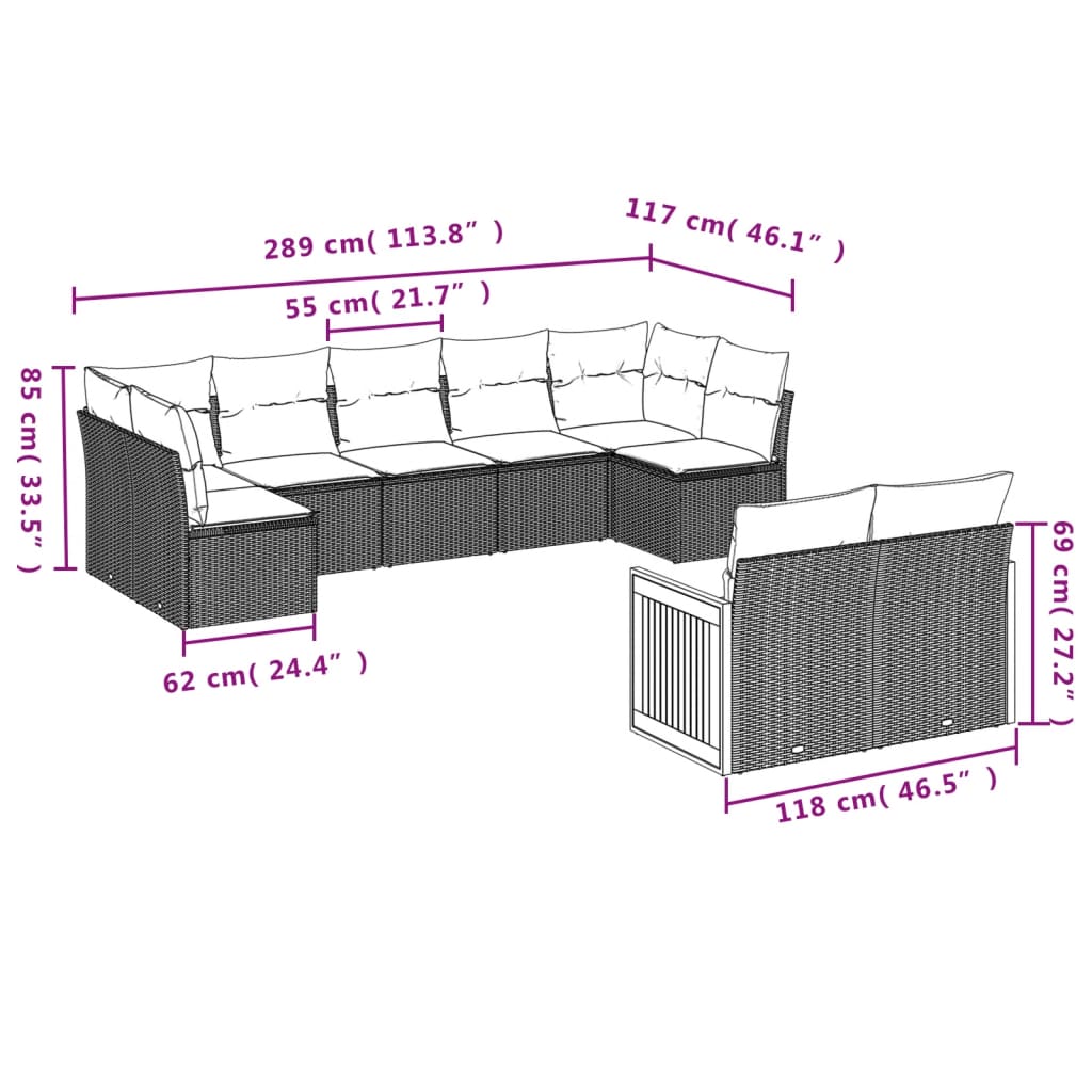9 Pcs conjunto de sofás p/ jardim c/ almofadões vime PE preto