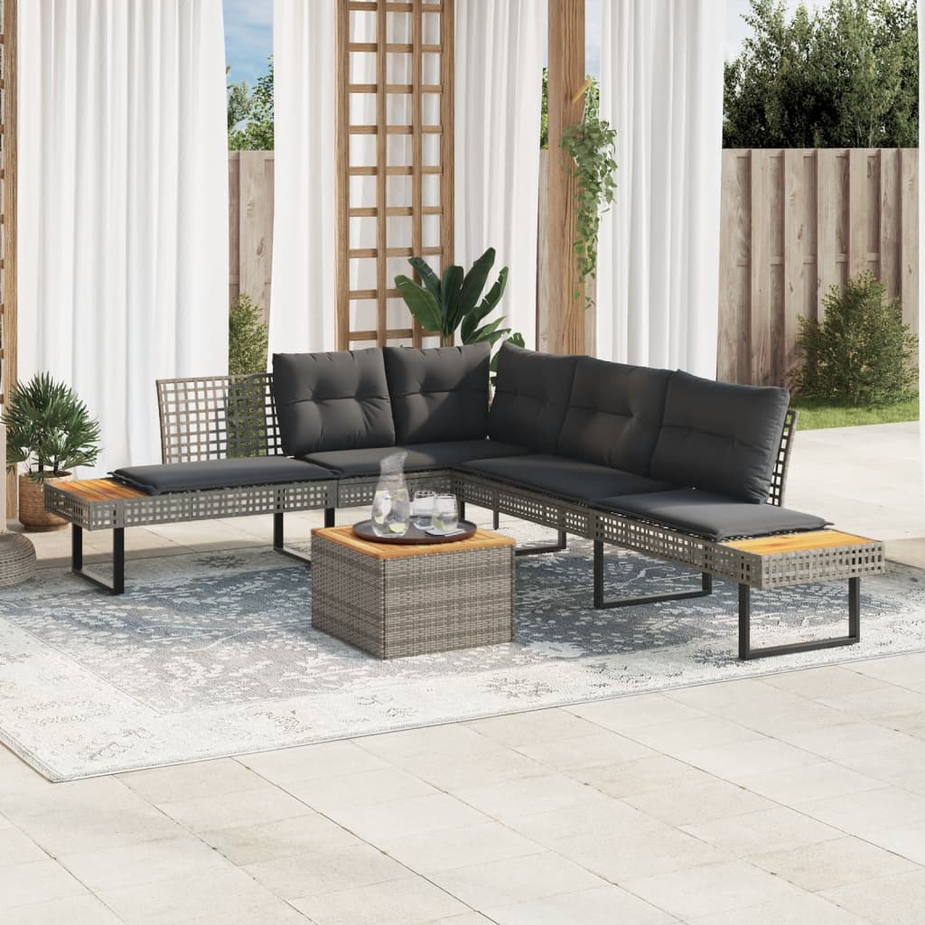 2 Pcs conj. sofás de jardim c/ almofadões vime PE/acácia cinza