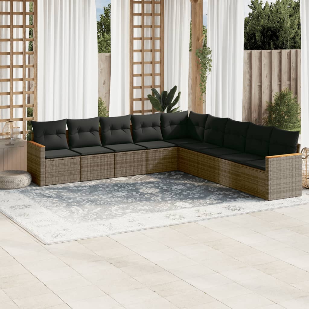 9 Pcs conjunto sofás p/ jardim com almofadões vime PE cinzento