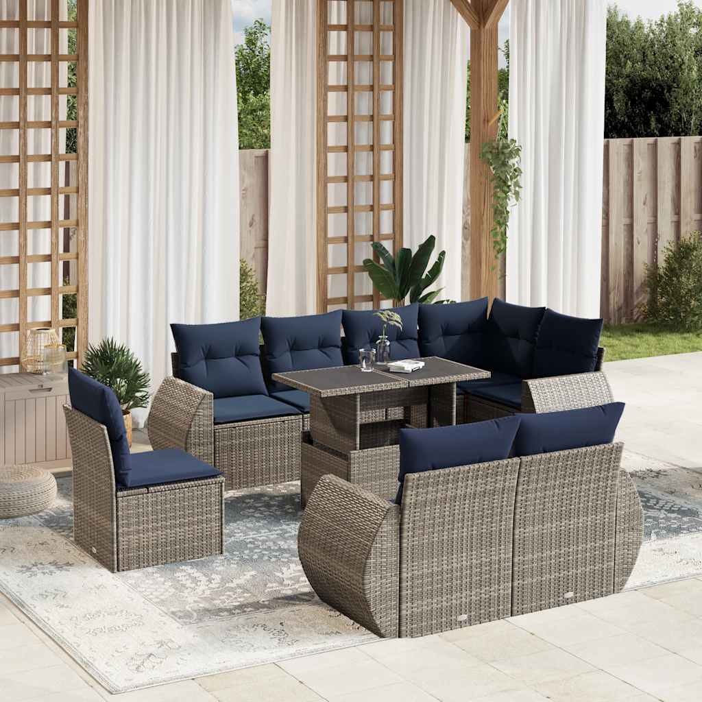 Conjunto de sofá de jardim de 9 peças com almofadas em rattan sintético cinza