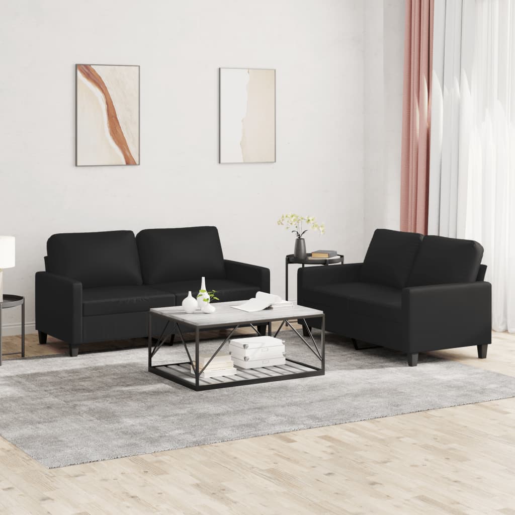 2 Pcs conjunto de sofás com almofadões couro artificial preto
