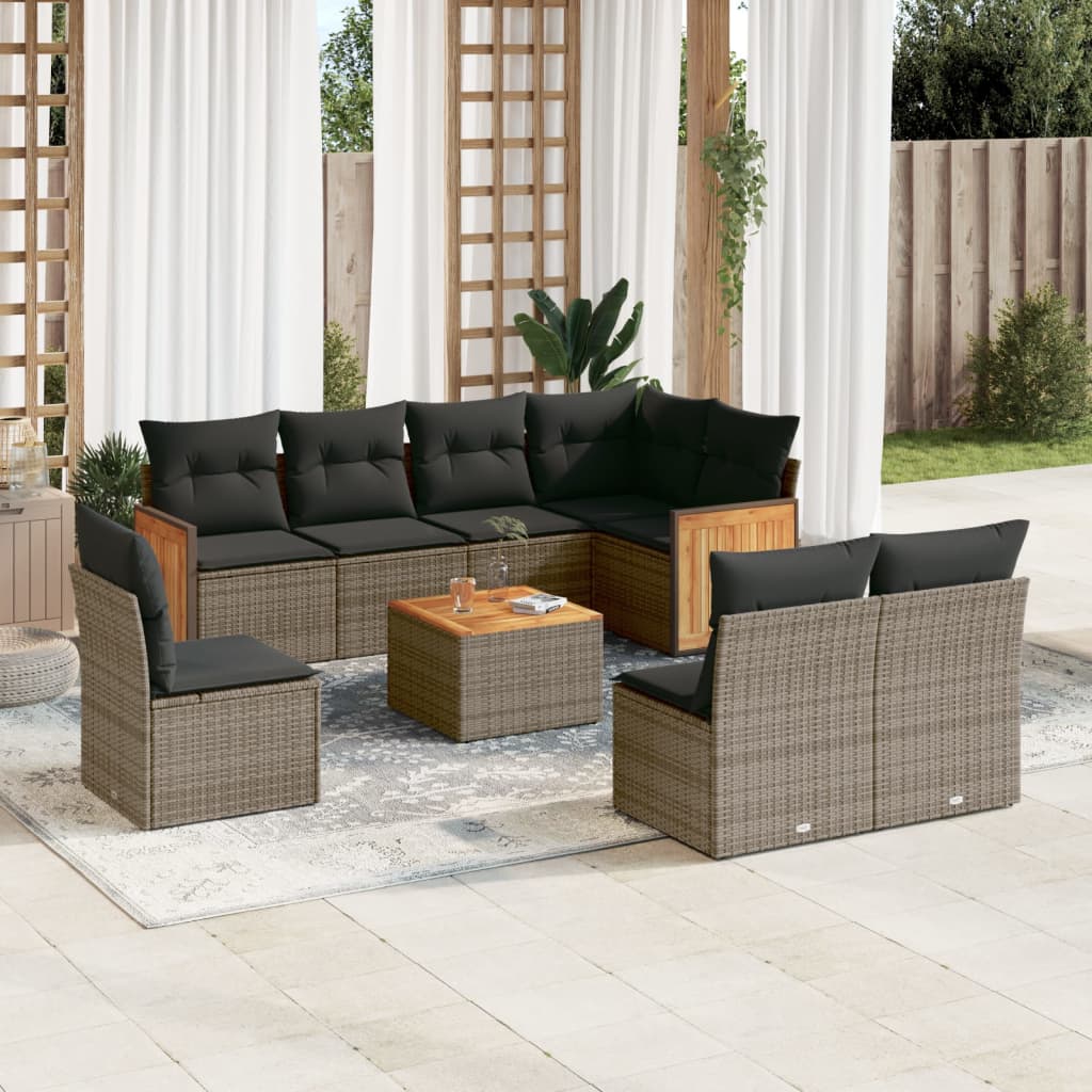 9 Pcs conjunto sofás p/ jardim com almofadões vime PE cinzento