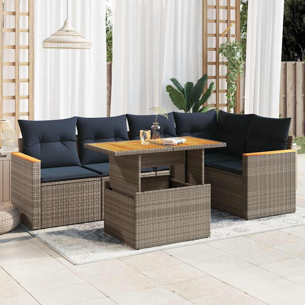 6 Pcs conjunto sofás de jardim com almofadões vime cinzento