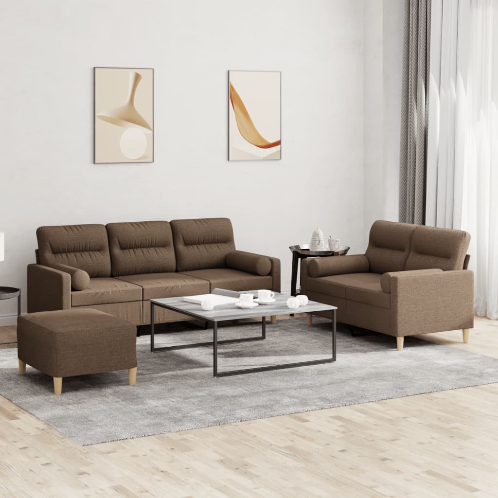 3 Pcs conjunto de sofás com almofadas tecido castanho
