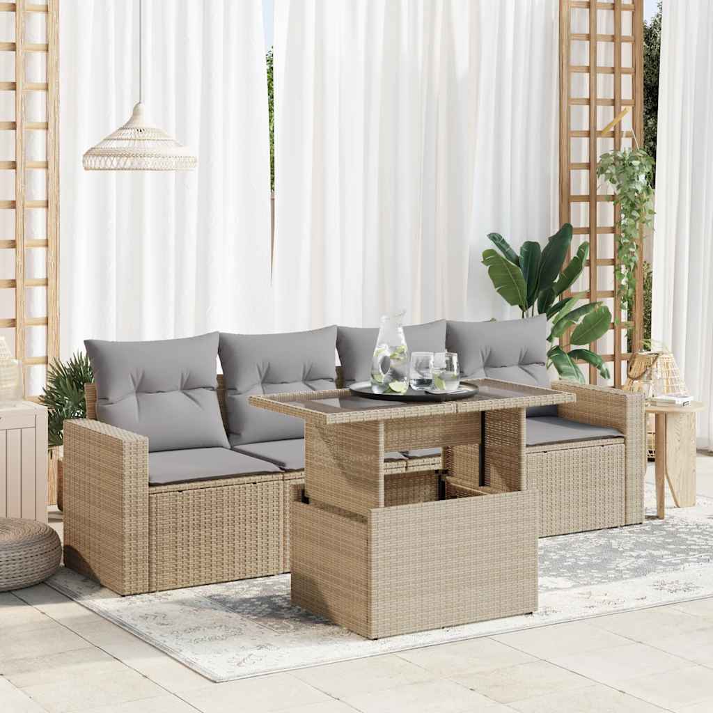 5 Pcs conjunto de sofás p/ jardim com almofadões vime PE bege