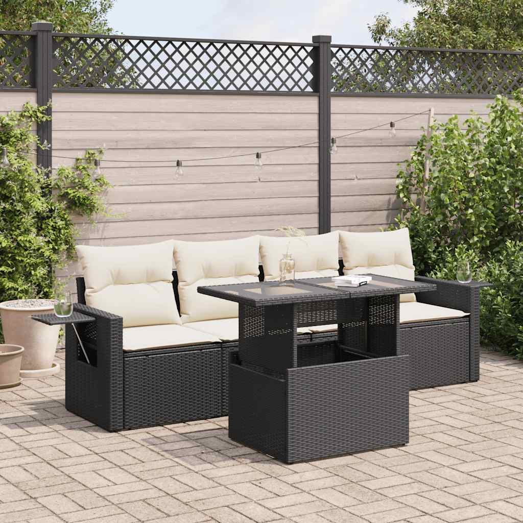 5 Pcs conjunto sofás de jardim com almofadões vime PE preto