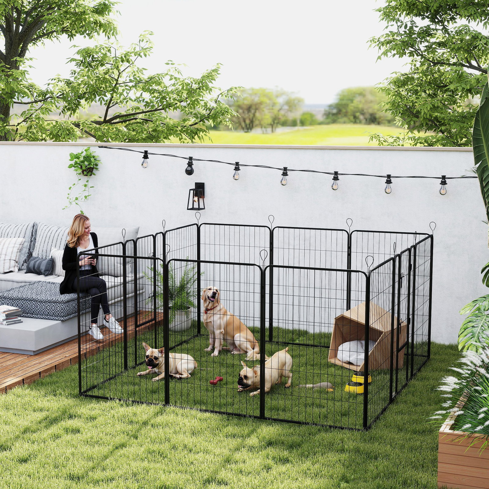 Parque para cães com 12 painéis recinto para animais de estimação modular com 2 portas 80x120 cm preto