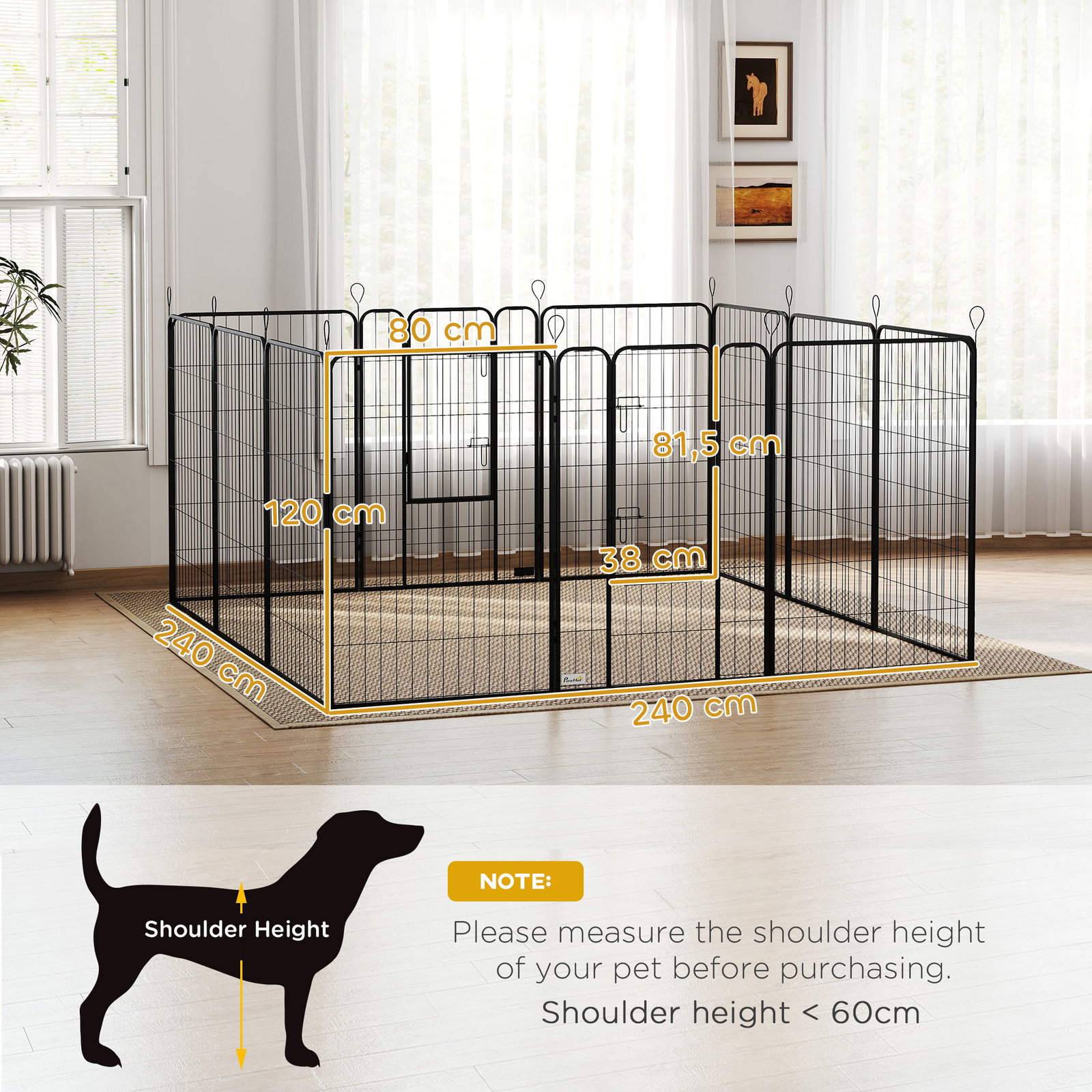 Parque para cães com 12 painéis recinto para animais de estimação modular com 2 portas 80x120 cm preto