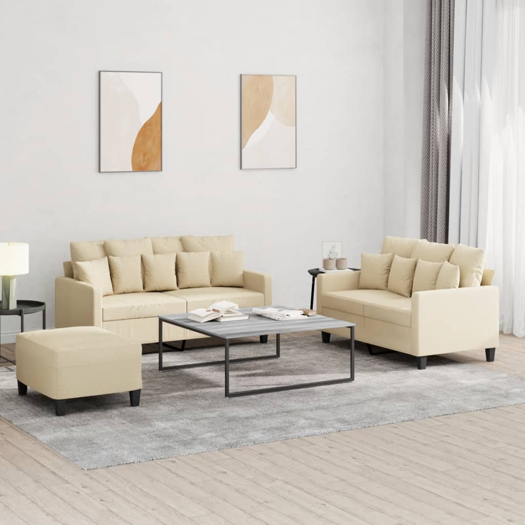 3 Pcs conjunto de sofás com almofadões tecido cor creme