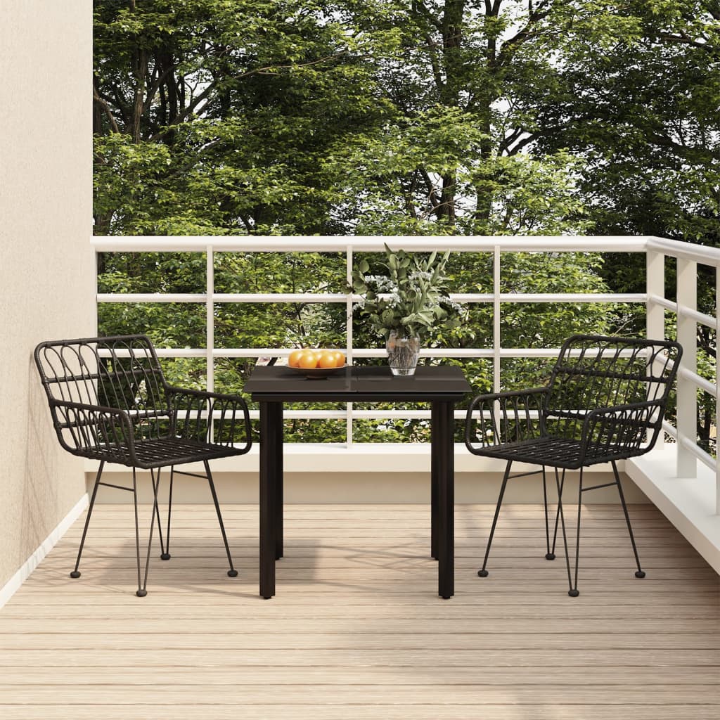 3 Pcs conjunto de jantar para jardim vime PE preto