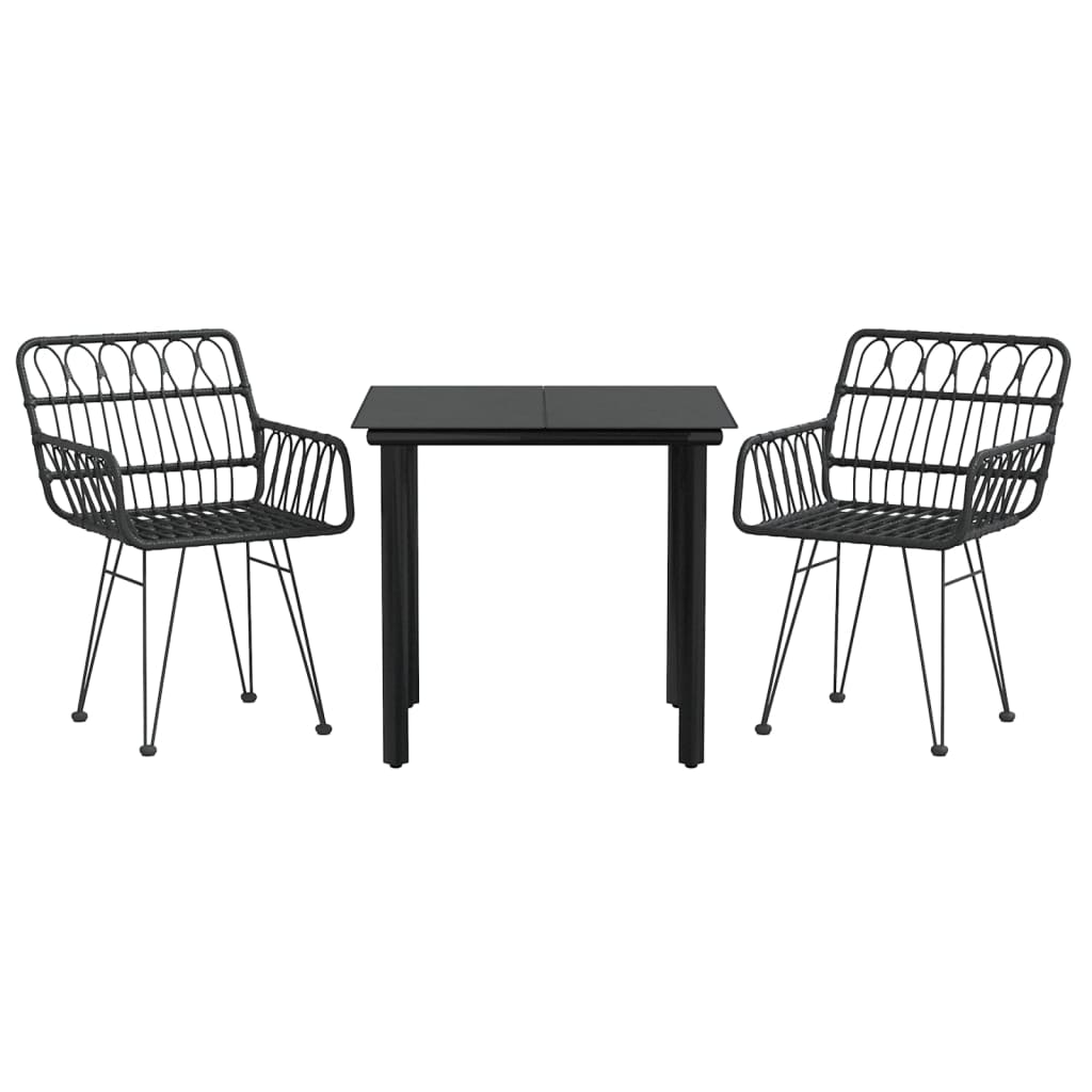 3 Pcs conjunto de jantar para jardim vime PE preto