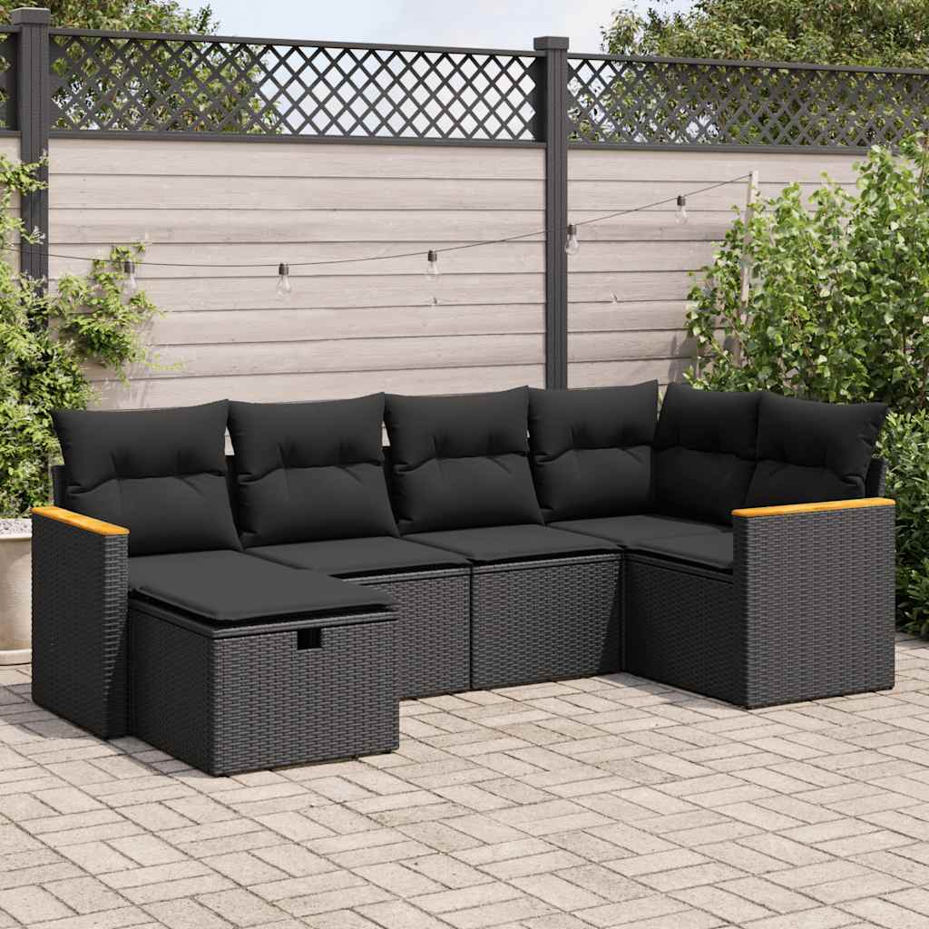 6 Pcs conjunto sofás de jardim c/ almofadões vime PE preto