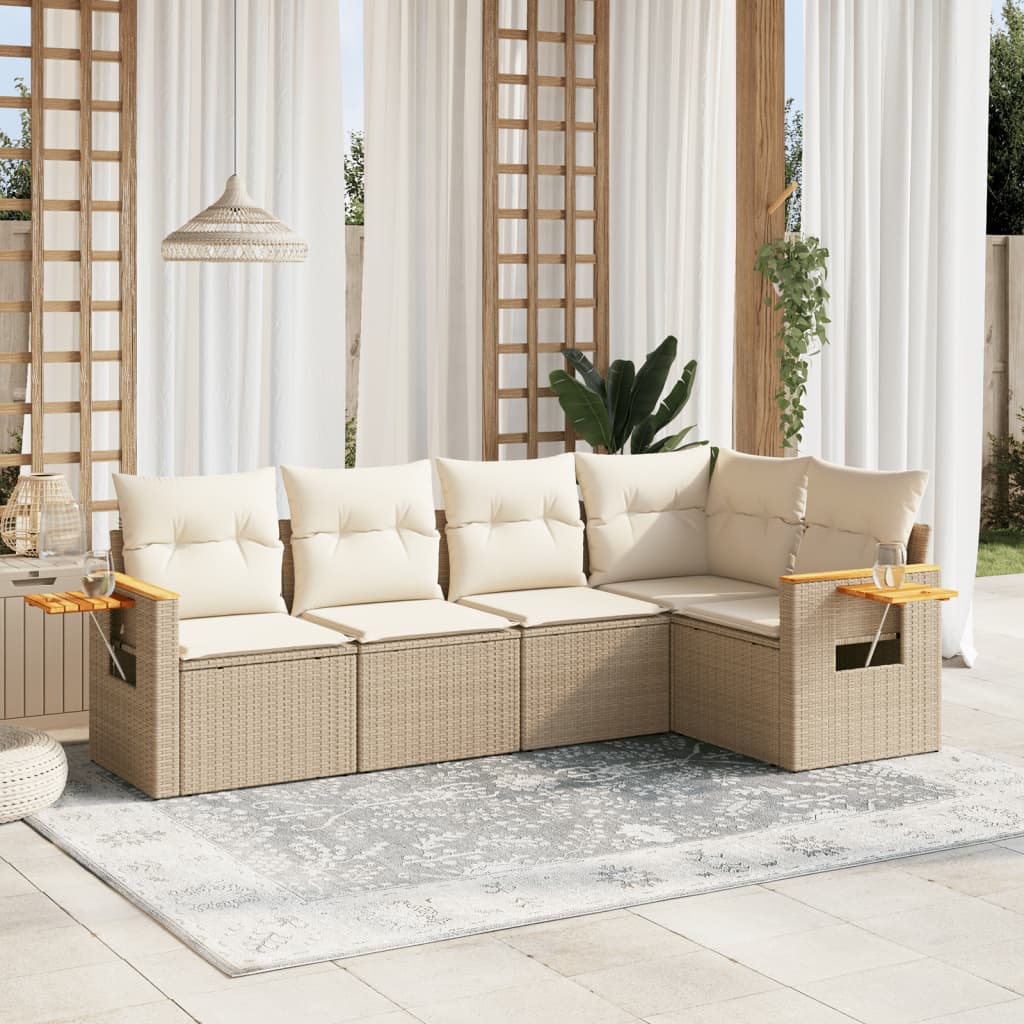 5 Pcs conjunto de sofás p/ jardim com almofadões vime PE bege