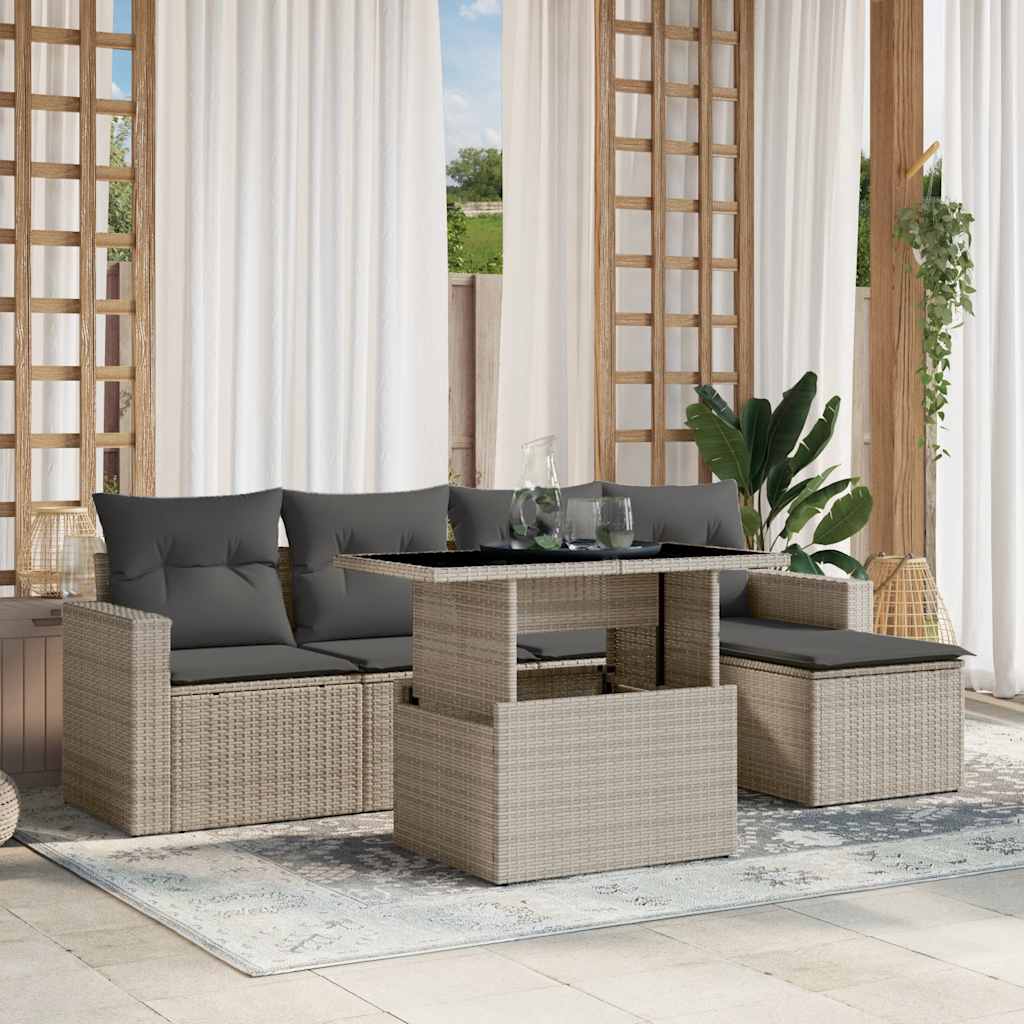 6 Pcs conj. sofás jardim com almofadões vime PE cinzento-claro
