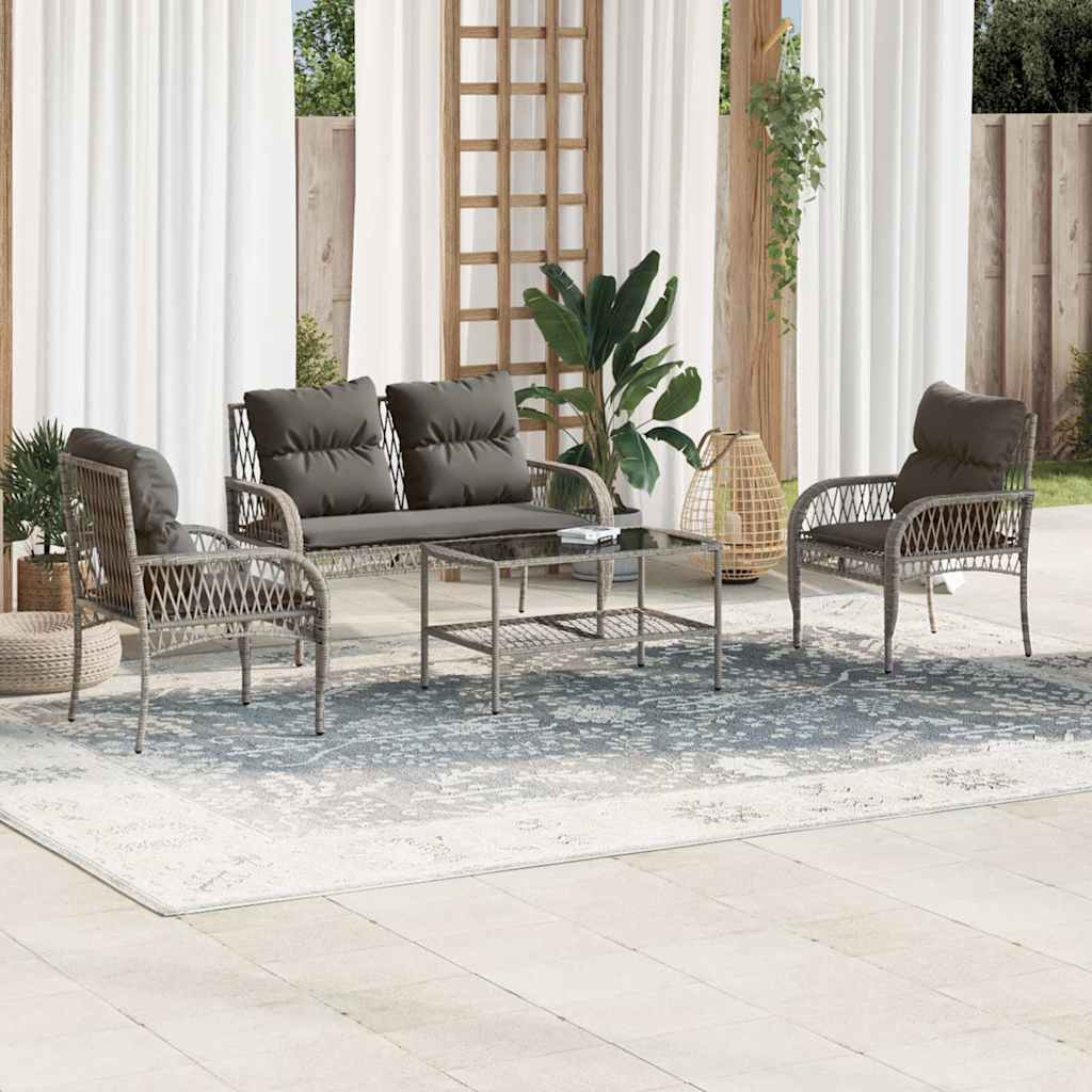 4 Pcs conjunto sofás de jardim c/ almofadões vime PE cinzento