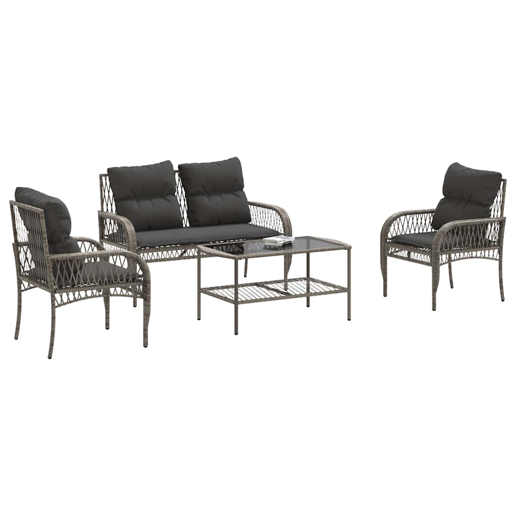 4 Pcs conjunto sofás de jardim c/ almofadões vime PE cinzento