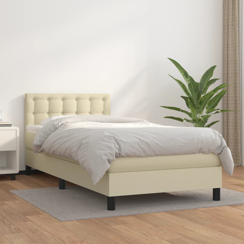 Cama com molas/colchão 90x190 cm couro artificial cor creme