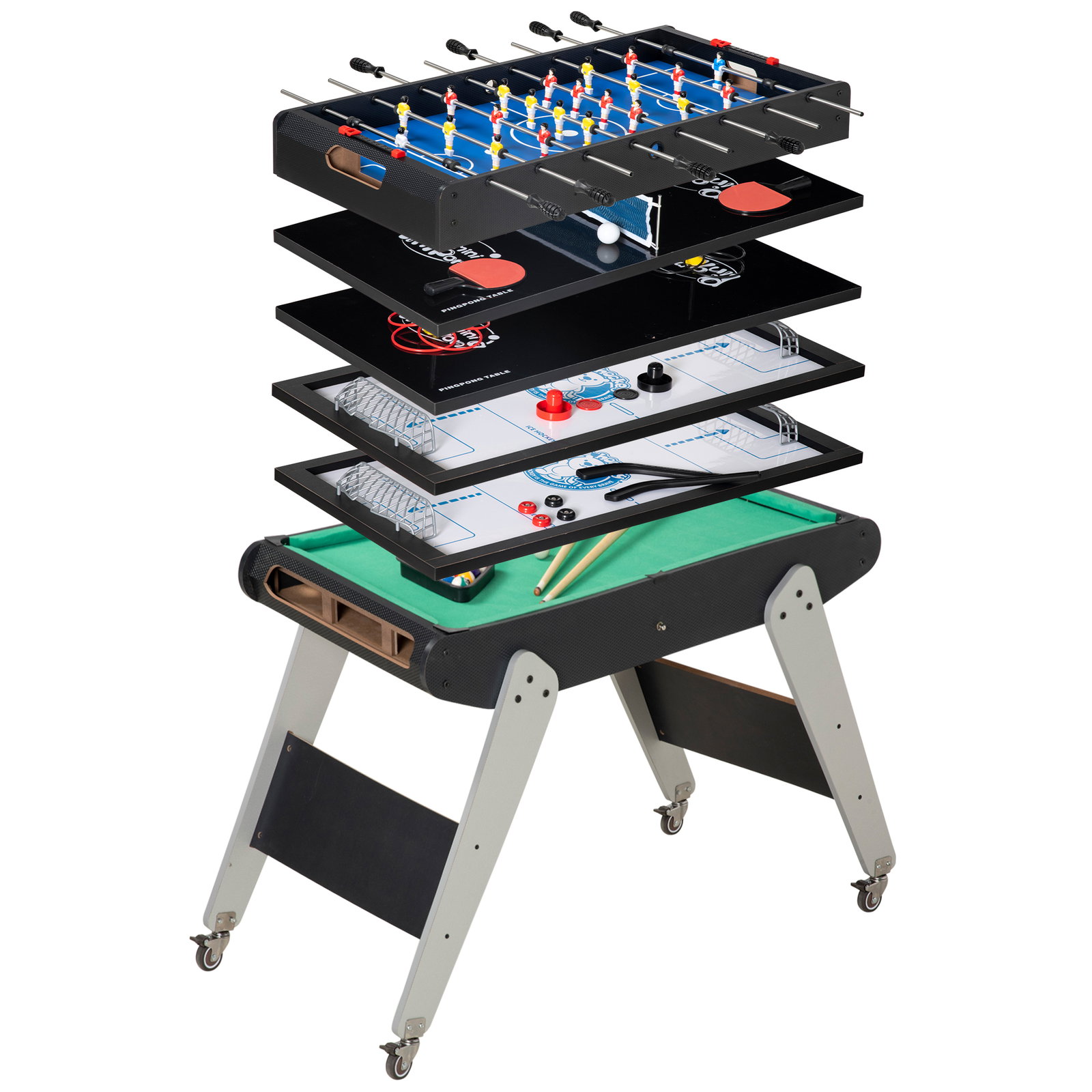 Mesa de jogos 6 em 1 com rodas bilhar matraquilho ping pong lançamento de anéis hóquei com bastão e hóquei com discos 120x88x79cm multicor