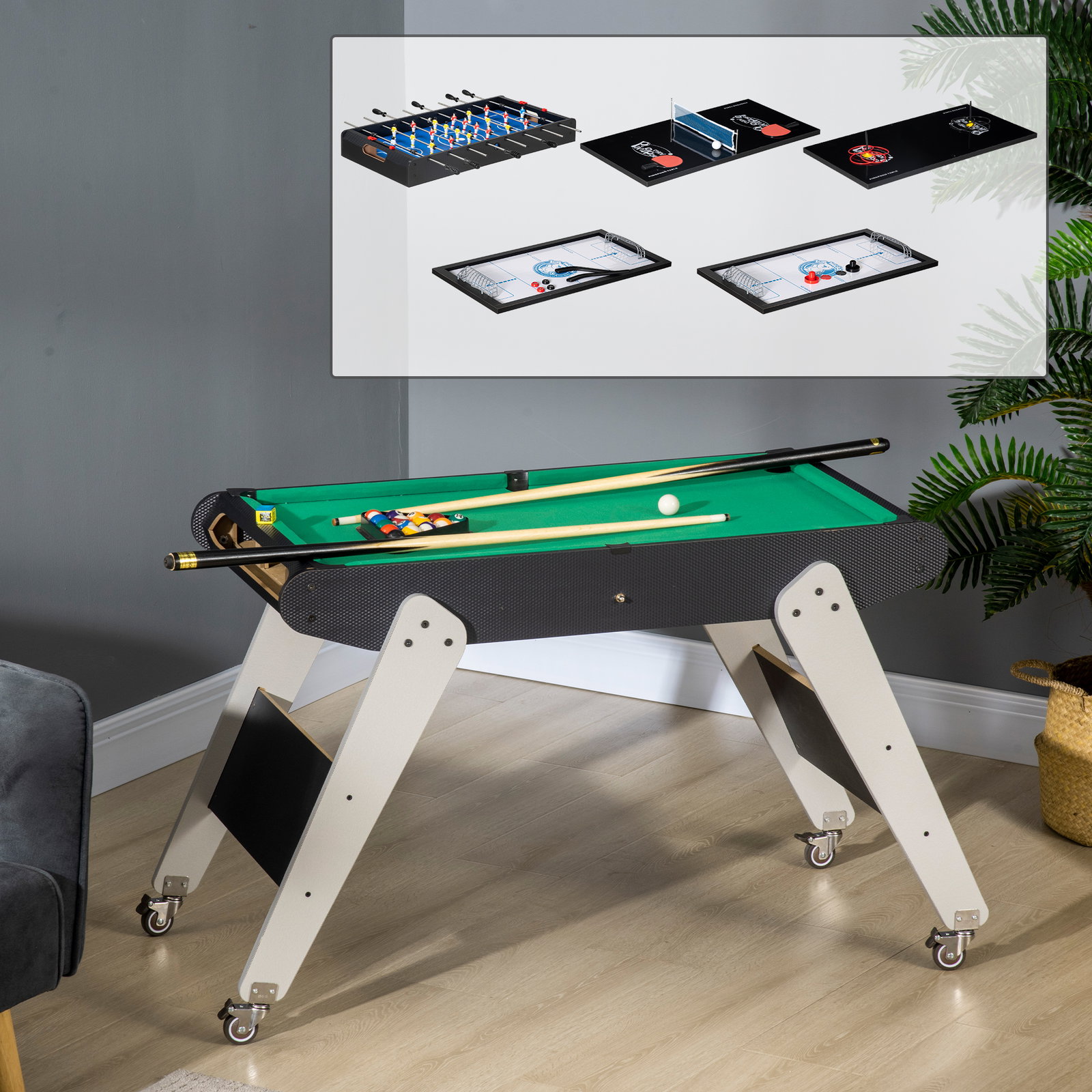Mesa de jogos 6 em 1 com rodas bilhar matraquilho ping pong lançamento de anéis hóquei com bastão e hóquei com discos 120x88x79cm multicor