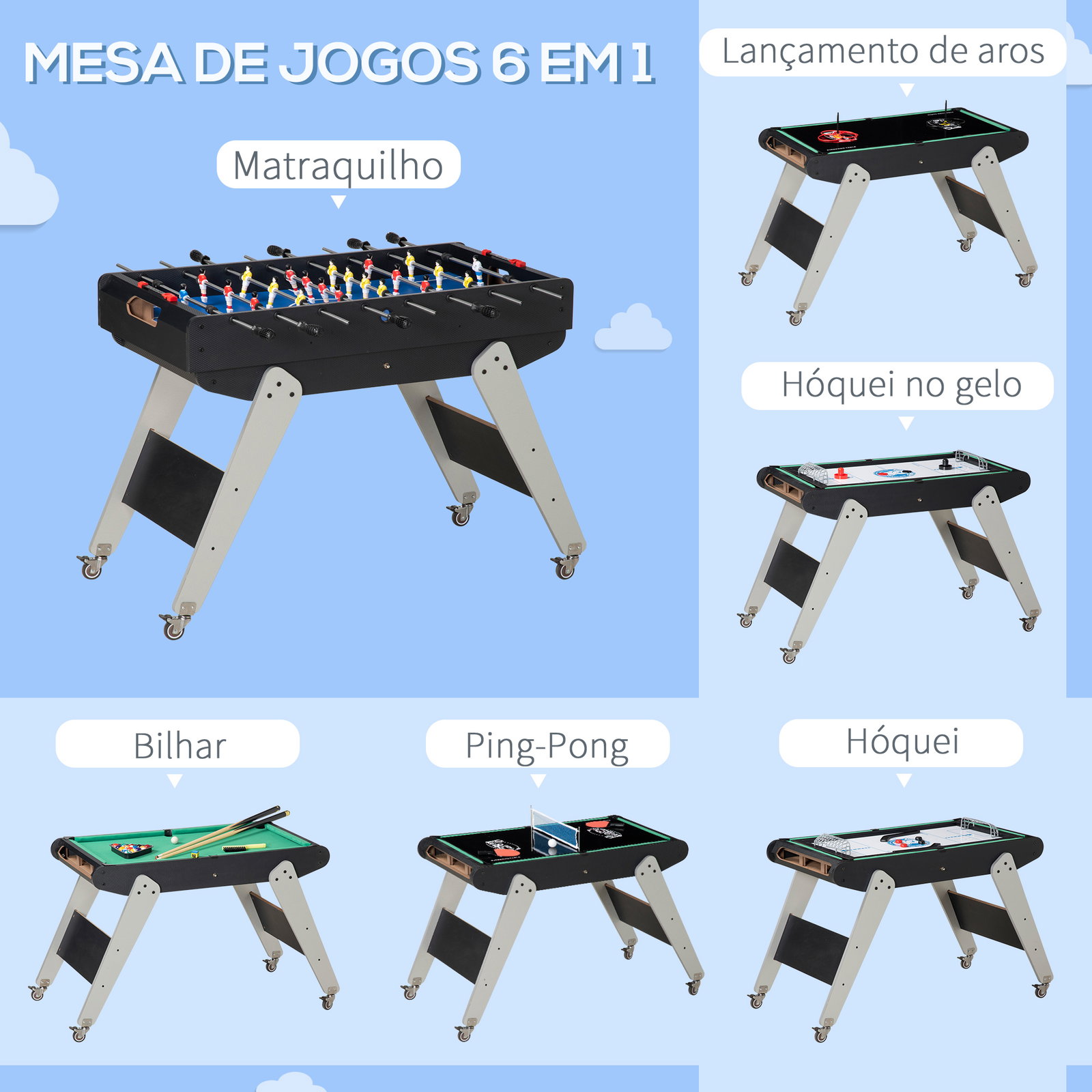 Mesa de jogos 6 em 1 com rodas bilhar matraquilho ping pong lançamento de anéis hóquei com bastão e hóquei com discos 120x88x79cm multicor