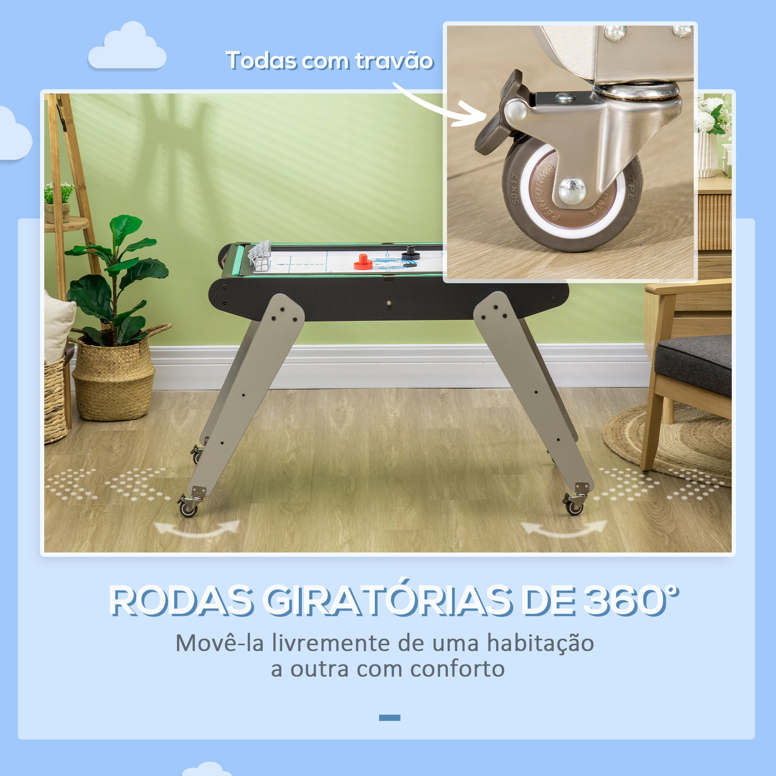 Mesa de jogos 6 em 1 com rodas bilhar matraquilho ping pong lançamento de anéis hóquei com bastão e hóquei com discos 120x88x79cm multicor