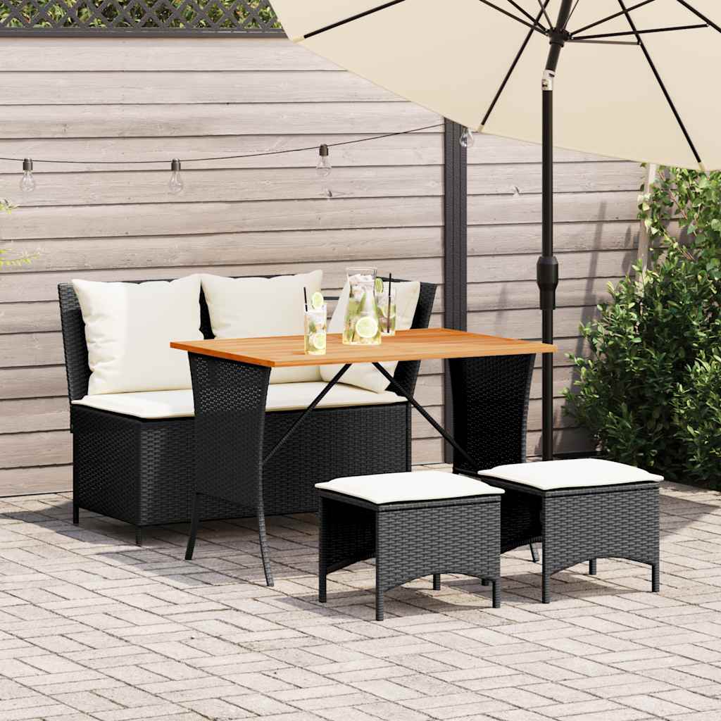 4 Pcs conjunto de jardim p/ jardim c/ almofadões vime PE preto