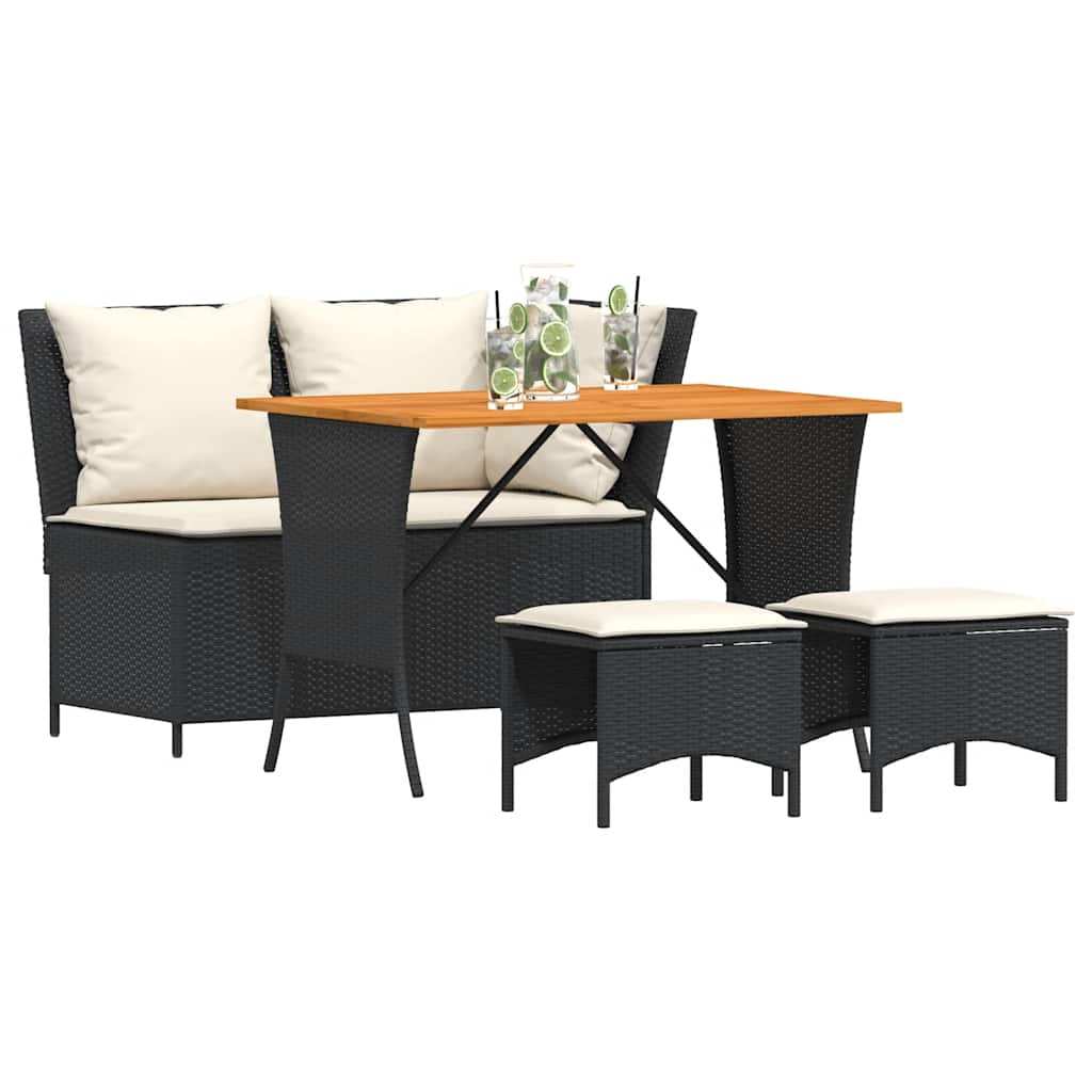 4 Pcs conjunto de jardim p/ jardim c/ almofadões vime PE preto
