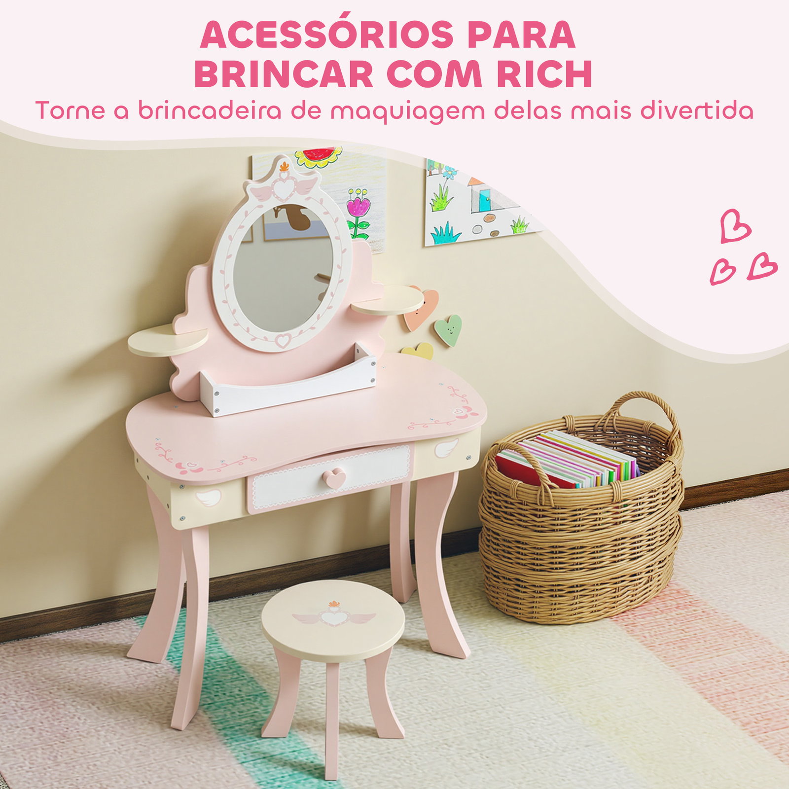 Toucador para crianças com banco toucador com espelho gaveta e 7 acessórios rosa