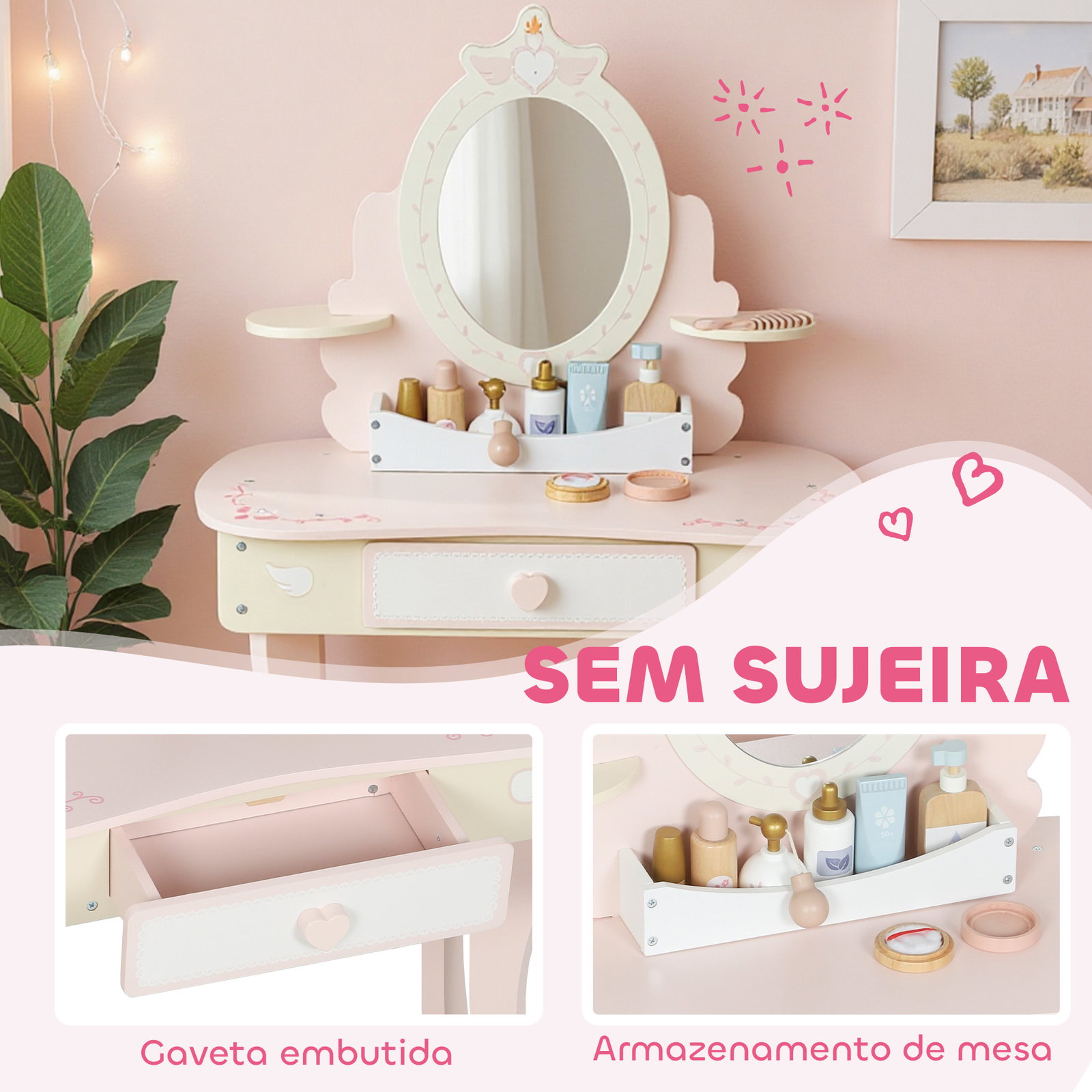 Toucador para crianças com banco toucador com espelho gaveta e 7 acessórios rosa