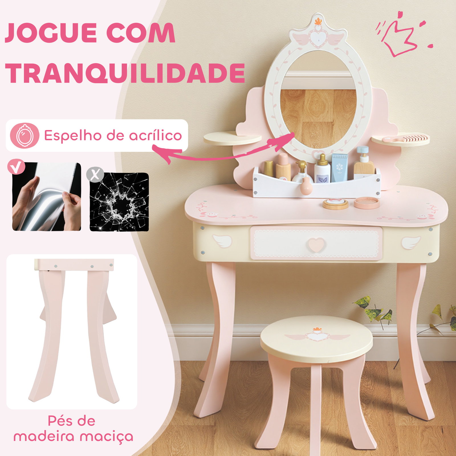 Toucador para crianças com banco toucador com espelho gaveta e 7 acessórios rosa